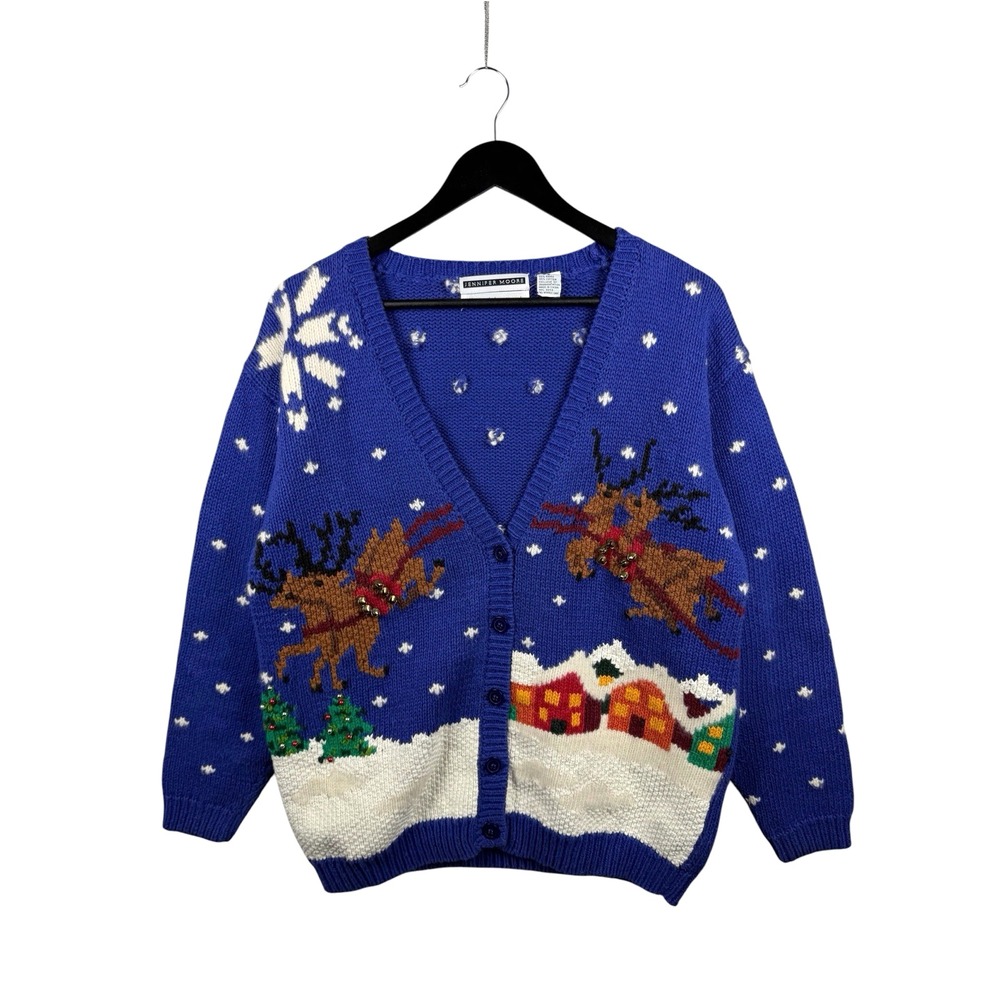 VTG Jennifer Moore Hand Knit S Christmas Reindeer Cardigan Festive Winter Snowy